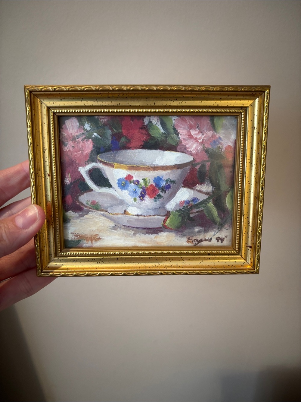 Framed Floral Teacup Oil Painting - Gold Frame
